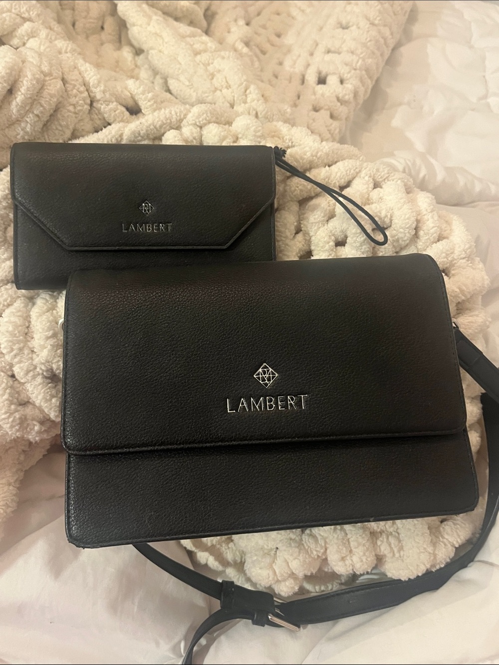 Black Leather Crossbody Bag Set with Matching Wallet - Lambert